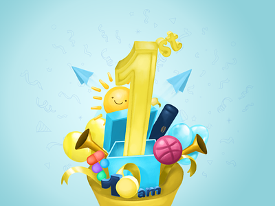 10am Studio 1st Anniversary 🥳 10am 1st anniv anniversary ballon birthday blue box gift illustration poster sketch studio sun yellow