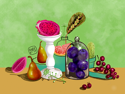 Fruity artwork composition demet kural digital art dragon fruit drawing food illustration fruit illustration fruity illustration illustrator leaf lineart pear pitaya plum procreate still life stilllife