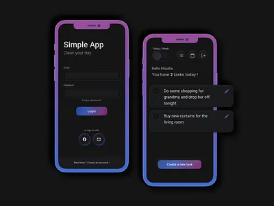 Simple App. Login. Create Task. app design button design colors dark mode gradient gradient color icons list login minimal neumorphic neumorphism ui shadows simple design task task list task manager textfield todo app todolist