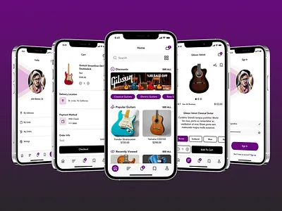 Guitar Sale App cart design graphic design guitar guitars instrument mobile mobile app mobile apps mobile design mobile ui mobileuiux mobileux profile search bar ui design uiux