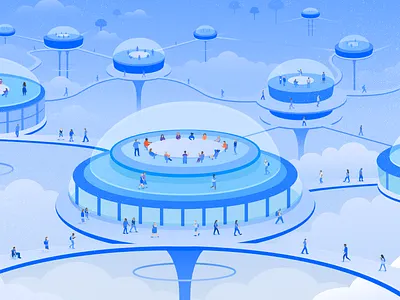 The future of work art atlassian blog illustration character illustration design editorial illustration flat future illustration illustrator people pods remote sky tech technology texture vector work
