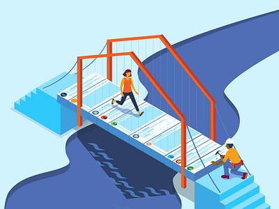 Social Media Bridge bridge construction worker figure fix illustration isometric people river social media timeline twitter