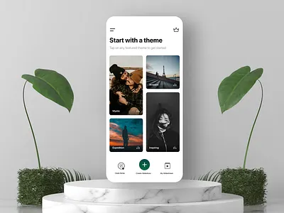 Slideshow App Design UI UX for iPhone app design black and white floating green home screen ios landingpage leaves light mode menu icon minimal minimalism minimalist minimalistic mockup natural nature navigation romantic ui design