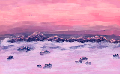 Dusk by the sea color colour colourful details dusk illustration mountains ocean painting photoshop purple scribble sky water waves