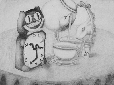 Tea Time alice in wonderland black and white graphite drawing graphite illustration hand drawn imagination imaginative