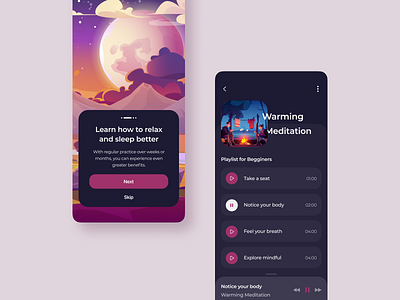 Meditation App clean ui dark mode dark theme dark ui ios app design meditaion meditate meditation app mobile app design onboarding ui player relaxation