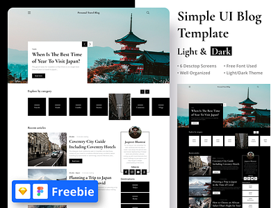 Light & Dark Theme - Simple UI Blog Template (FREE) article article page blog dashboard design figma freebie freebies interface mainpage minimal sketch travel typography ui uikit ux web webdesign website