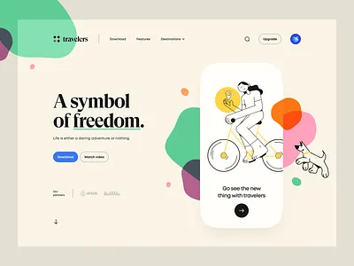 Travelers β Hero Header app blob bycicle character clean dog hero header illustration landing page minimal mobile navigation saas typography ui ui design ux ux design web app woman