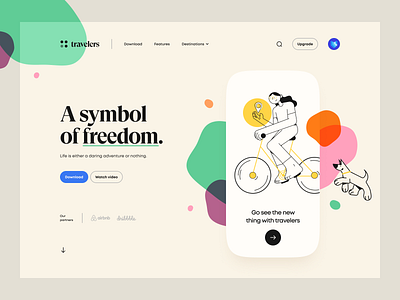 Travelers – Hero Header app blob bycicle character clean dog hero header illustration landing page minimal mobile navigation saas typography ui ui design ux ux design web app woman