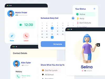 🤙 Video Call Elements Design 3d illustration call component concept conference face time figma live live stream livestream meetup microsoft online meeting skype telegram video call video calling video conference whatsapp zoom