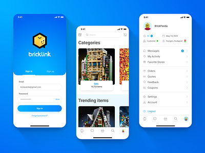 Bricklink - LEGO Marketplace app - 01 Sign in, Main screen, Menu app main page mainpage menu mobile mobile app mobile ui shop shopping app sign in ui ui design ux ux design ux ui design uxui