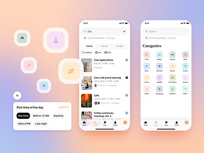 Networking app – Search app app ui category events filter ui mobile app networking search social ui uiux
