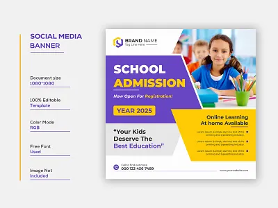 School Admission Social Media Post Template admission ads advertisement back to banner business children class college editable kindergarten marketing modern poster school student teacher template university vector