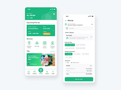 On Demand Trash Pick Up App app app design application clean design enviroment go green green mobile app mobile app design mobile ui on demand app schedule trash pick up ui ux