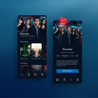 Service app for watching TV episodes design app app design apple application concept dark dark mode dark theme dark ui design figma icons interface minimal mobile modern riverdale series tvshow ui