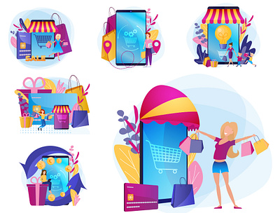 Online shopping. Loyalty marketing program to attract customers. app flat illustration online shopping people smartphone web