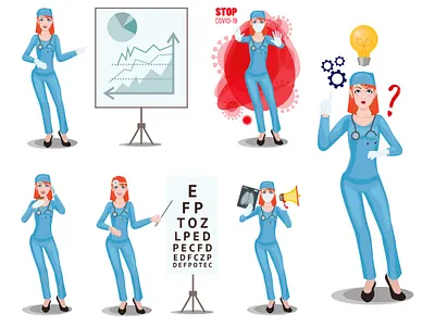 Doctor woman character in different situations. character covid 19 emotion emotions girl heart illustration love nurse people poses vector woman young
