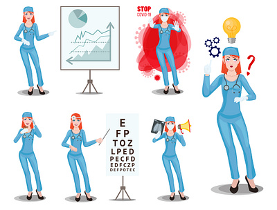 Doctor woman character in different situations. character covid 19 emotion emotions girl heart illustration love nurse people poses vector woman young