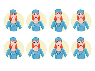 Doctor woman character emotion card. character disappointed doctor emotions girl illustration nurse people sad shocked surprised woman