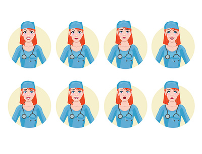 Doctor woman character emotion card. character disappointed doctor emotions girl illustration nurse people sad shocked surprised woman