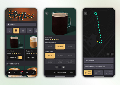 Coffee takeaway mobile app coffee coffee shop coffeeshop dark dark app dark mode dark theme dark ui in store pickup mobile mobile app mobile app design mobile design mobile ui takeaway