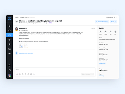 Client support area – ticket page with previous conversations adaptive app attachment badge blue breadcrumb chat conversation desktop details inbox message reply saas sidebar support ticket ui user ux