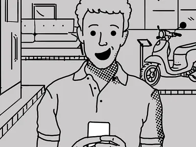 Happy guy in a store character design illustration rough draft sketch storyboard
