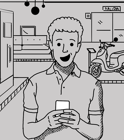 Happy guy in a store character design illustration rough draft sketch storyboard