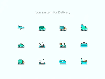 Icon system for Delivery airplane badges bike car cargo courier delivery delivery truck figma free icondesigner icons logistic scooter shipping shipping box stroke train