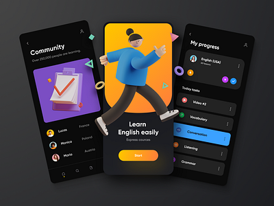 Langy App - learn English easily 3d 3d character 3d illustration app bright button card clean dark dashboad english flat gradient icons language mobile onboarding ui uiux ux