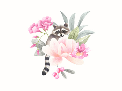 Raccoon Illustration decoration fine art floral floral pattern floralprint illustration painting pattern pattern art racoon surfacedesigner watercolor