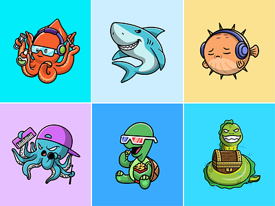 Custom animals🐙🦈🐡 animals chest custom animals eel fish hat headset icon illustration laboratory land animals logo music octopus popcorn project sea shark singing animals turtle