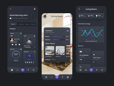 Comfy Smart Living App Design - Plainthing Playoff app applicaiton application dark dark app dark mode dark theme dark ui design exploration mobile mobile app mobile app design mobile design mobile ui smart home smarthome ui uidesign user interface