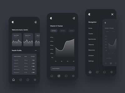 Ghost Vitamin Tracker 👻💊 app design black white black and white charts clean dark dark app dark mode dark ui graphs health health app minimal mobile mobile app mobile app design mobile design mobile ui supplements vitamins