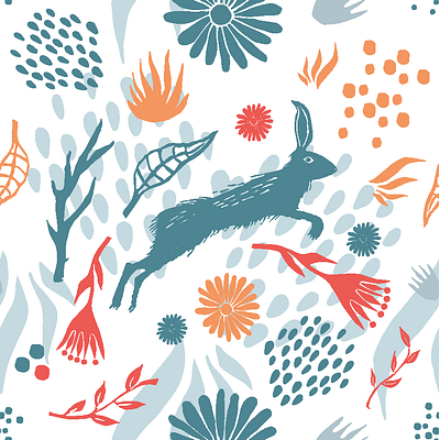 Patterndesign - Hare and nature decoration giftwrap illustration linocut nature naturedesign natureelements pattern patterndesign surfacepatterndesign wallpaper