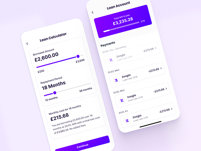 Zoogla – Loan Calculator and Overview 💷 app app design application cards clean ui design fintory interface ui ux