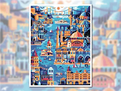 Istanbul Travel Poster blue mosque city illustration city map cityscape flat design hagia sophia illustration istanbul landmarks map panorama poster poster design print design skyline travel travel poster turkey turkish vintage poster