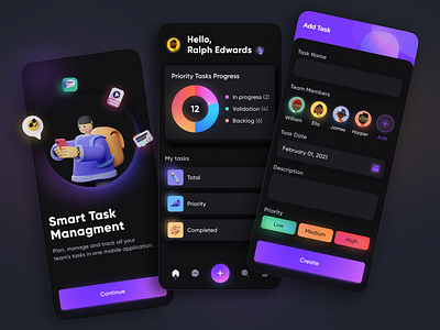 Task Managment App 3d bright colors create task dark mode dark theme dark ui design illustration ios mobile app pie chart task management tasks ui vector