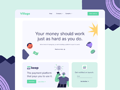 Village - Landing Page character design finance illustration fintech fintech app fintech branding fintech landing page geometric shapes homepage illustration landing page patterns web website header website illustration