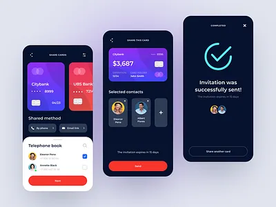 Credit card sharing App app application bank banking card clean concept dark dark app dark ui design mobile mobile app design share shared sharing ui uiux ux uxui