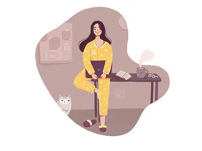Freelance Girl at her Home Office cat character character design design digital art female flat freelance illustrator freelancer girl girl character grain home office illustration laptop pajama ui woman work from home yellow