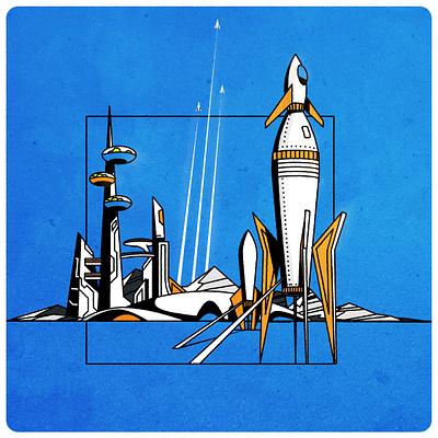 Rockets are fun! city futurism landscape line linework logo mountain port retro rocket science fiction space urban vector