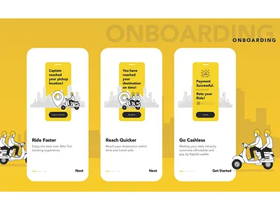 Ride - OnBoarding Screens artistic artwork captin digitalart getstrated go cashless graphic illustration illustrator reach quicker ride faster rider rideshare ridesharing story visual art