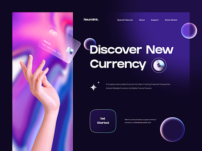 Neurolink - Cryptocurrency Bank Website 💳 bank card clean credit card crypto wallet cryptocurrency currency design exchange finance header homepage landing page money simple stock ui ux web design website