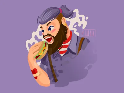 Hipster eats a burger beard burger characters design eating fast food hamburger hot food illustration man vector