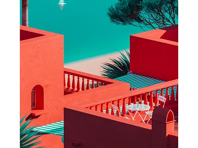 Playa Vista 3d architecture balcony beach beach house blue cinema 4d colourful mediterranean orange summer view vintage