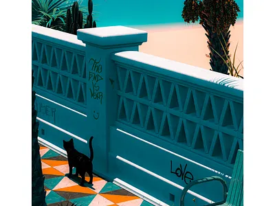 Passing By 3d architecture beach blue cactus cat cinema 4d colourful graffiti mediterranean orange palm tree render shade shadow summer tiles vintage walk wallpaper