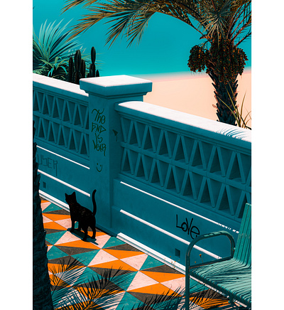 Passing By 3d architecture beach blue cactus cat cinema 4d colourful graffiti mediterranean orange palm tree render shade shadow summer tiles vintage walk wallpaper