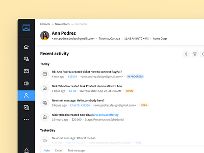 Page with contact details activity app badge button details history icons info interface phone profile reply sidebar status tabs timeline ui user ux yellow