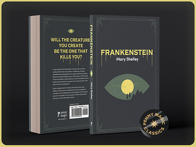 Frankenstein Book Cover art deco book cover design eye frame frankenstein horror line art mid century moon mountain sky thriller trees typography